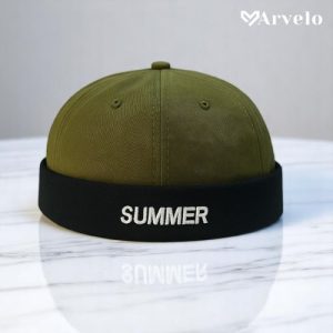 Brimless Cap (Olive color) with Black cuff –“SUMMER” Embroidered Twill Fabrics