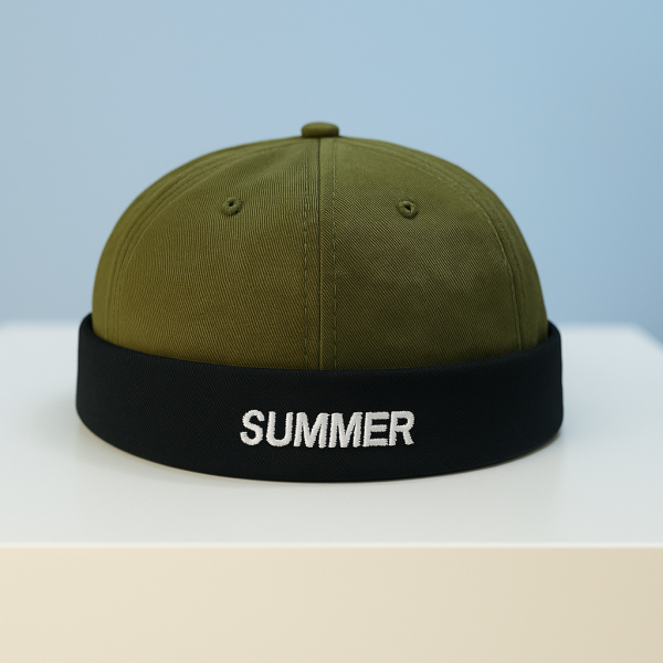 Brimless Cap (Olive color) with Black cuff –“SUMMER” Embroidered Twill Fabrics - Image 2